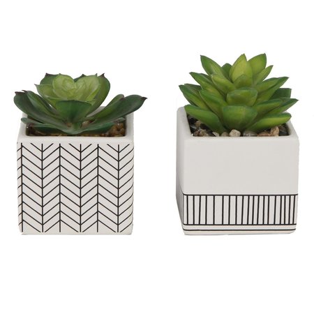 FLORA BUNDA 4 in Herringbone Faux Succulent Planter in Tribal White Ceramic Pots Set of 2 CS3457E4104E